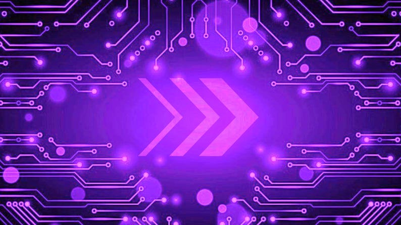 May include: A digital graphic featuring a vibrant purple background with a complex network of interconnected circuit board lines and glowing nodes. In the center, three bold, stylized chevrons point toward the right side of the frame.