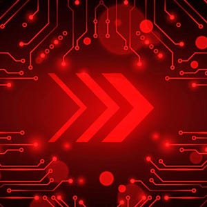May include: A digital graphic featuring a bright red triple arrow symbol centered against a dark red background. The design incorporates intricate, glowing red circuit board patterns with interconnected lines and circular nodes surrounding the arrows.