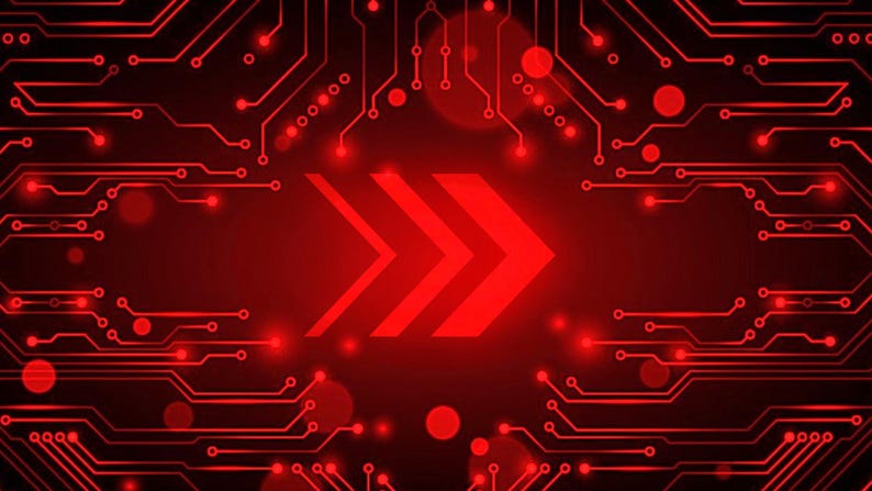 May include: A digital graphic featuring a bright red triple arrow symbol centered against a dark red background. The design incorporates intricate, glowing red circuit board patterns with interconnected lines and circular nodes surrounding the arrows.