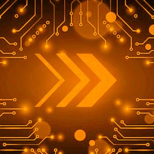May include: A digital graphic featuring a glowing orange circuit board pattern with interconnected lines and circular nodes. In the center, three bold, forward-pointing chevrons are displayed against a dark, warm-toned background.