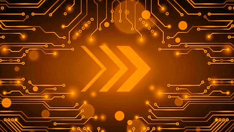 May include: A digital graphic featuring a glowing orange circuit board pattern with interconnected lines and circular nodes. In the center, three bold, forward-pointing chevrons are displayed against a dark, warm-toned background.