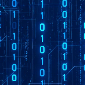 May include: A digital graphic featuring vertical columns of glowing blue binary code consisting of ones and zeros. The background is a deep navy blue, overlaid with thin, interconnected light blue lines that resemble a complex circuit board pattern.