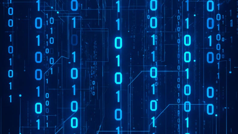 May include: A digital graphic featuring vertical columns of glowing blue binary code consisting of ones and zeros. The background is a deep navy blue, overlaid with thin, interconnected light blue lines that resemble a complex circuit board pattern.