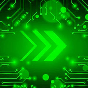 May include: A digital graphic featuring a bright green circuit board pattern with interconnected lines and circular nodes. In the center, three bold, forward-pointing chevrons are displayed, creating a sense of movement against the dark background.