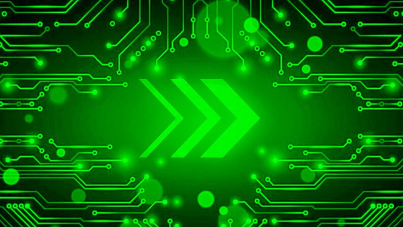 May include: A digital graphic featuring a bright green circuit board pattern with interconnected lines and circular nodes. In the center, three bold, forward-pointing chevrons are displayed, creating a sense of movement against the dark background.