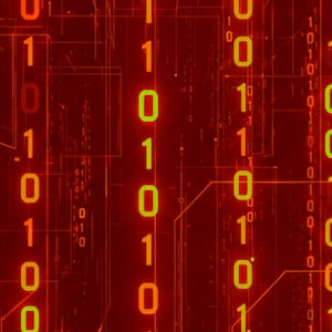 May include: A digital background featuring a vertical stream of glowing binary code with ones and zeros in shades of orange, yellow, and red. Thin, interconnected circuit lines run vertically and horizontally across the dark red field.
