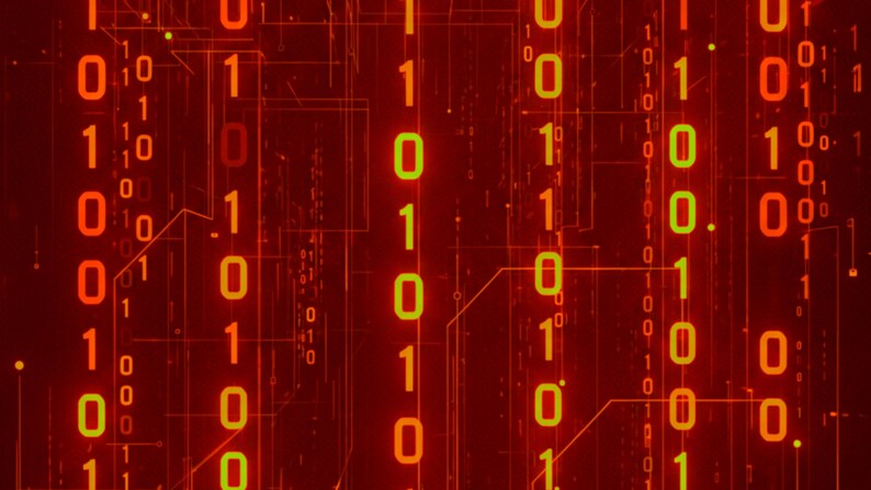 May include: A digital background featuring a vertical stream of glowing binary code with ones and zeros in shades of orange, yellow, and red. Thin, interconnected circuit lines run vertically and horizontally across the dark red field.