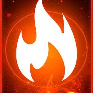 May include: A vertical rectangular graphic featuring a solid white flame icon centered within a thin orange circular outline. The background transitions from a deep black at the top to a vibrant, textured orange and red fire pattern at the bottom.