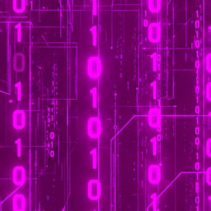 May include: A digital graphic display featuring vertical streams of glowing magenta binary code consisting of zeros and ones. The background is a deep purple, overlaid with thin, interconnected circuit board lines that create a complex network pattern.