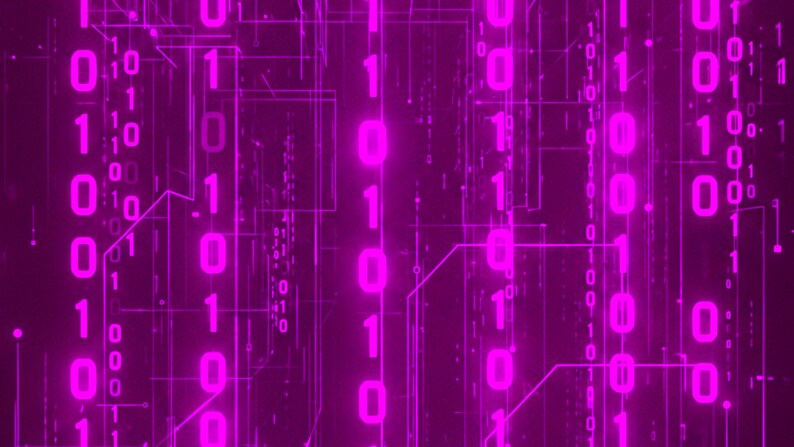 May include: A digital graphic display featuring vertical streams of glowing magenta binary code consisting of zeros and ones. The background is a deep purple, overlaid with thin, interconnected circuit board lines that create a complex network pattern.