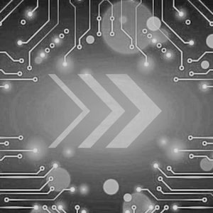 May include: A grayscale digital graphic featuring a central triple chevron arrow icon surrounded by a complex network of interconnected circuit board lines, nodes, and glowing circular points, creating a technical and data-oriented visual pattern.