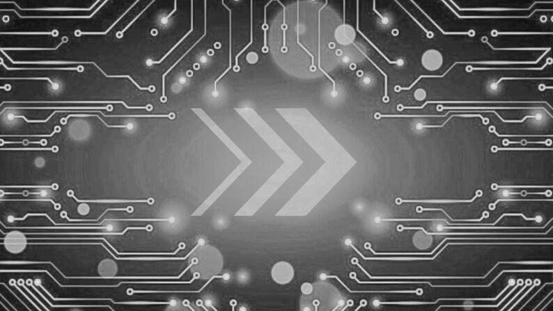 May include: A grayscale digital graphic featuring a central triple chevron arrow icon surrounded by a complex network of interconnected circuit board lines, nodes, and glowing circular points, creating a technical and data-oriented visual pattern.
