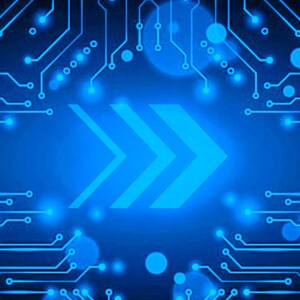 May include: A digital graphic featuring a bright blue circuit board pattern with interconnected lines and glowing nodes. In the center, three bold, light blue chevrons point toward the right, set against a dark blue background with soft light.