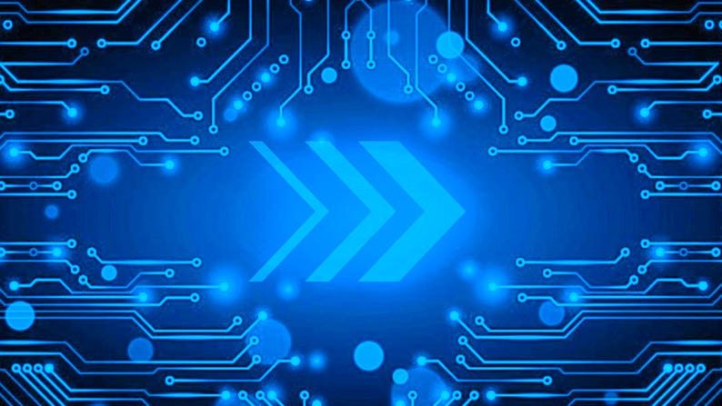 May include: A digital graphic featuring a bright blue circuit board pattern with interconnected lines and glowing nodes. In the center, three bold, light blue chevrons point toward the right, set against a dark blue background with soft light.