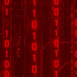 May include: A digital display featuring a vertical stream of red binary code consisting of zeros and ones. The background is a deep red with faint, thin lines resembling a circuit board pattern that connects the columns of numerical data.