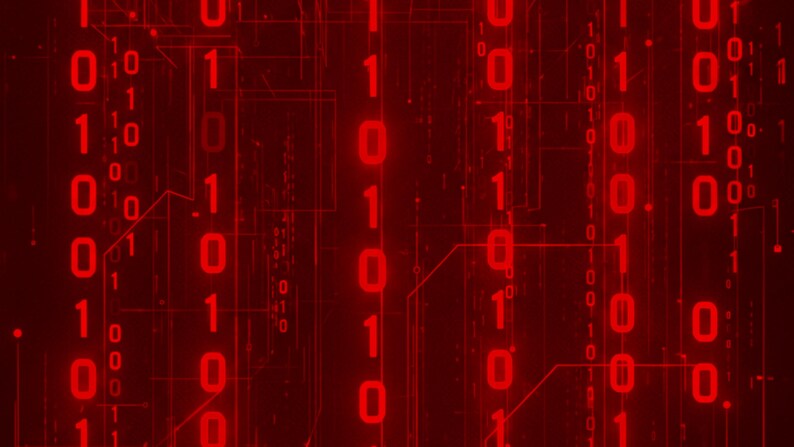 May include: A digital display featuring a vertical stream of red binary code consisting of zeros and ones. The background is a deep red with faint, thin lines resembling a circuit board pattern that connects the columns of numerical data.