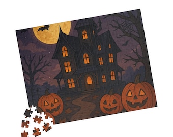 May include: A Halloween jigsaw puzzle depicting a haunted house with lit windows, jack-o'-lanterns, a full moon, and bats. The puzzle is mostly complete, with a few pieces separate.