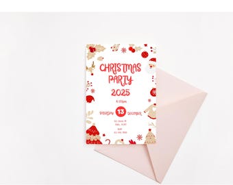 Puede incluir: Una tarjeta de invitación a una fiesta de Navidad con un diseño festivo. La tarjeta presenta ilustraciones rojas y doradas de árboles de Navidad, Papá Noel y copos de nieve. El texto dice "Christmas Party 2025" con la fecha y hora.