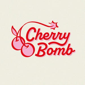 May include: A retro-style graphic with the words "Cherry Bomb" in red, outlined in pink, with a pair of cherries. The design features a playful, vintage aesthetic, perfect for apparel or accessories.