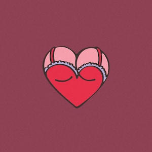 Könnte beinhalten: Eine rote herzförmige Illustration mit einem rosa BH-Design oben. Der BH hat einen gewellten Rand und ist schwarz umrandet. Der Hintergrund ist einfarbig kastanienbraun.