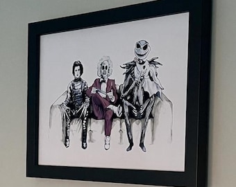 Lámina artística original inspirada en 'Tim Burton' (Eduardo Manostijeras, Beetlejuice y Jack Skellington)