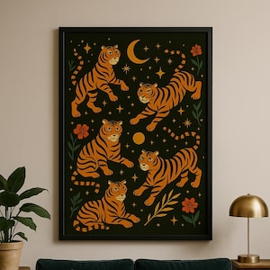 Lámina artística de tigre místico • Decoración de pared de jungla celestial • Imprimible de gran felino inspirado en el zodíaco retro • Póster de animal ecléctico y audaz