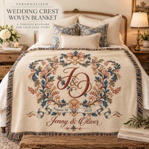 Personalized Wedding Crest Woven Blanket, Custom Monogram Throw with Names & Date, Wedding or Anniversary Gift, Heirloom Cotton Throw