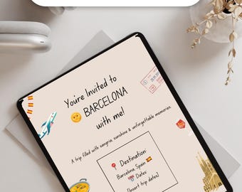 Bearbeitbare Mädchen Reiseeinladung - Barcelona Travel Invite - Canva Template