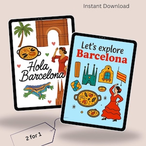 Digitale Barcelona ansichtkaartenset | 2 kaarten voor 1 | Afdrukbare reiskunst | Souvenir Spanje | Direct downloaden