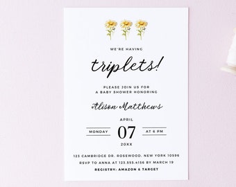 Minimalist Triplets Baby Shower Invitation, Modern Baby Shower Template, Editable Gender Neutral Invite, Daisy Invitation, DAISY1