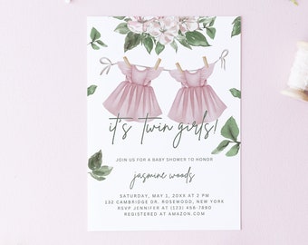 Editable Twin Girls Baby Shower Invitation, Boho Pink Dresses Invite Template, Baby Laundry Shower Invitation, Double the Love Twins, BC01