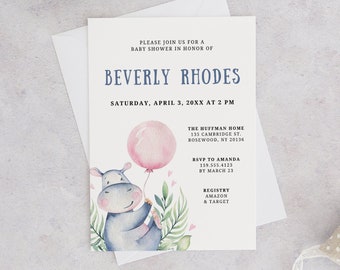 Editable Hippo Baby Shower Invitation, Hippopotamus Invite, Gender Neutral Template, Gender Reveal Party Card, Watercolor Hippo with Balloon