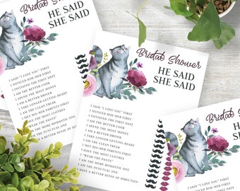 He Said She Said Bridal Shower Game, Printable Getting Meowied Couple's Shower Activity, Cat Theme, Cat Mom, Printable No. 4100