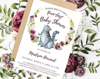 Cat Baby Shower Invitation, Editable Purr-Fect Baby Shower Template,  Cat Mom Party Invite, Gray Watercolor Cat Invite, Printable No. 4100