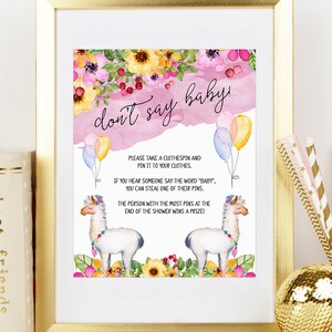 Don't Say Baby Game Sign, Printable Baby Shower Activity, Llama Fiesta Baby Shower Theme, Take Their Clothespin Game, Printable No. 1046 image 3