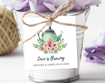 Editable Bridal Shower Favor Tag, Love Is Brewing Template, Tea Party Bridal Shower, Wedding Favor Tags, Tea Party Theme, Printable No. 1018