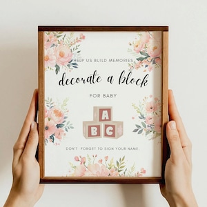 Dekorieren Sie ein Baustein-Tischschild, bearbeitbare Babypartyaktivität, Andenken-Babypartyspielvorlage, Aquarell-Pfirsich-Blumen, WO418