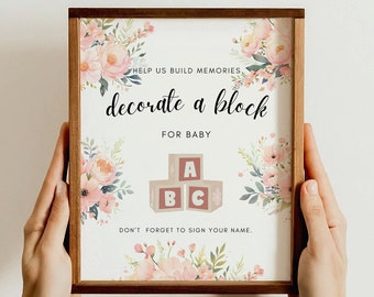 Decorate a Building Block Table Sign, Editable Baby Shower Activity, Keepsake Baby Shower Game Template, Watercolor Peach Floral, WO418