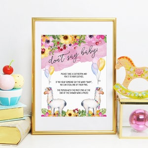 Don't Say Baby Game Sign, Printable Baby Shower Activity, Llama Fiesta Baby Shower Theme, Take Their Clothespin Game, Printable No. 1046 image 1