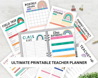 Printable Teacher Planner Rainbow Theme, Ultimate Teacher Binder, Back to School Resources, Rainbow Classroom Planner, New Teacher Gift