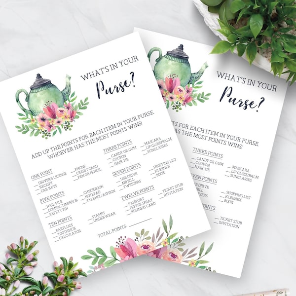 Printable What's in Your Purse Bridal Shower Game, Shower Purse Game, Tea Party Theme, Garden Party Tea, Purse Game, Printable No. 1018