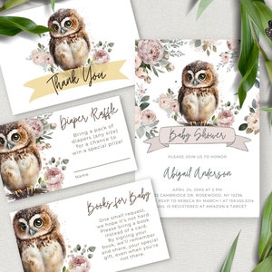 Uitnodigingsbundel babyshower, bosuil bewerkbare douchesjablonen, luierloterij invoegen, boeken voor babyverzoek, bedankkaart, OWL10