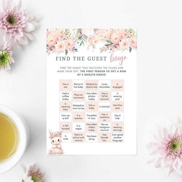 Baby Bingo Game, Editable Find the Guest Bingo Template, Baby Shower Girl Bingo Game Card, Pink Blush Woodland Party Game, Bunny, WO418