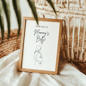 Juego de ¿Qué tan grande es la barriga de mamá?, plantilla de juego de baby shower minimalista editable, juego de adivinanzas sobre la barriga del bebé, tarjeta de adivinación con signo de género neutro, MIN07