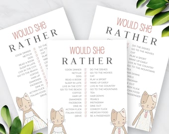 Printable Would She Rather Bridal Shower Game, Getting Meowied Cat Theme Bridal Shower Activity, Cats in a Dress, Printable No. 1020