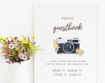 Photo Guestbook Sign, Editable Baby Shower Polaroid Guestbook, Floral Bouquet Table Sign Template, Leave a Photo, Gender Neutral, WO123