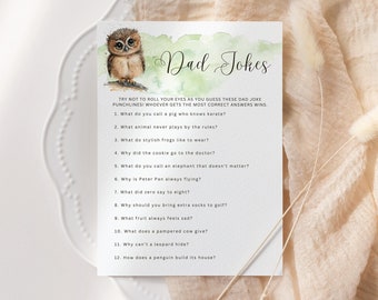 Dad Jokes Baby Shower Game, Editable Dad Jokes Trivia Game, Woodland Owl Game Template, Gender Neutral Baby Shower, Couples Shower, OWL10