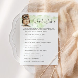 Dad Jokes Baby Shower Game, Editable Dad Jokes Trivia Game, Woodland Owl Game Template, Gender Neutral Baby Shower, Couples Shower, OWL10