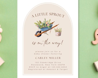 Gender Neutral Little Sprout Baby Shower Invitation, Farmer's Market Invite Template, Blue Wheelbarrow Floral Grown with Love, Editable,GAR1