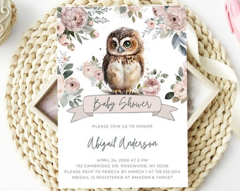 Editable Owl Baby Shower Invitation, Gender Neutral Floral Owl Baby Invite, Watercolor Owl Printable Template, Beige Floral Download, OWL10